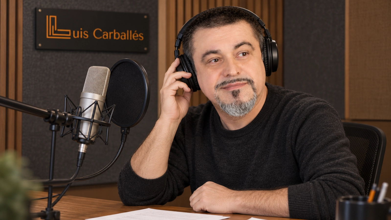 Luis Carballés ajustándose los auriculares junto a un micrófono de estudio.