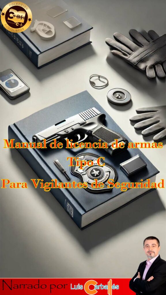 Portada del audiolibro 'Manual de Licencia de Armas Tipo C' narrado por Luis Carballés. Diseño con un arma reglamentaria, insignias y un fondo profesional.