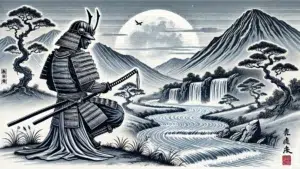 Ilustración representativa del Manuscrito del Agua, de El Libro de los Cinco Anillos, mostrando la esencia de la filosofía de Miyamoto Musashi.