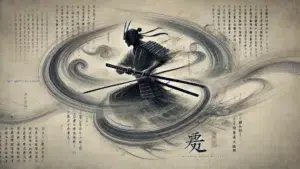 magen representativa del Manuscrito del Viento, parte del libro de los cinco anillos de Miyamoto Musashi. Fondo con viento simbólico y sable.