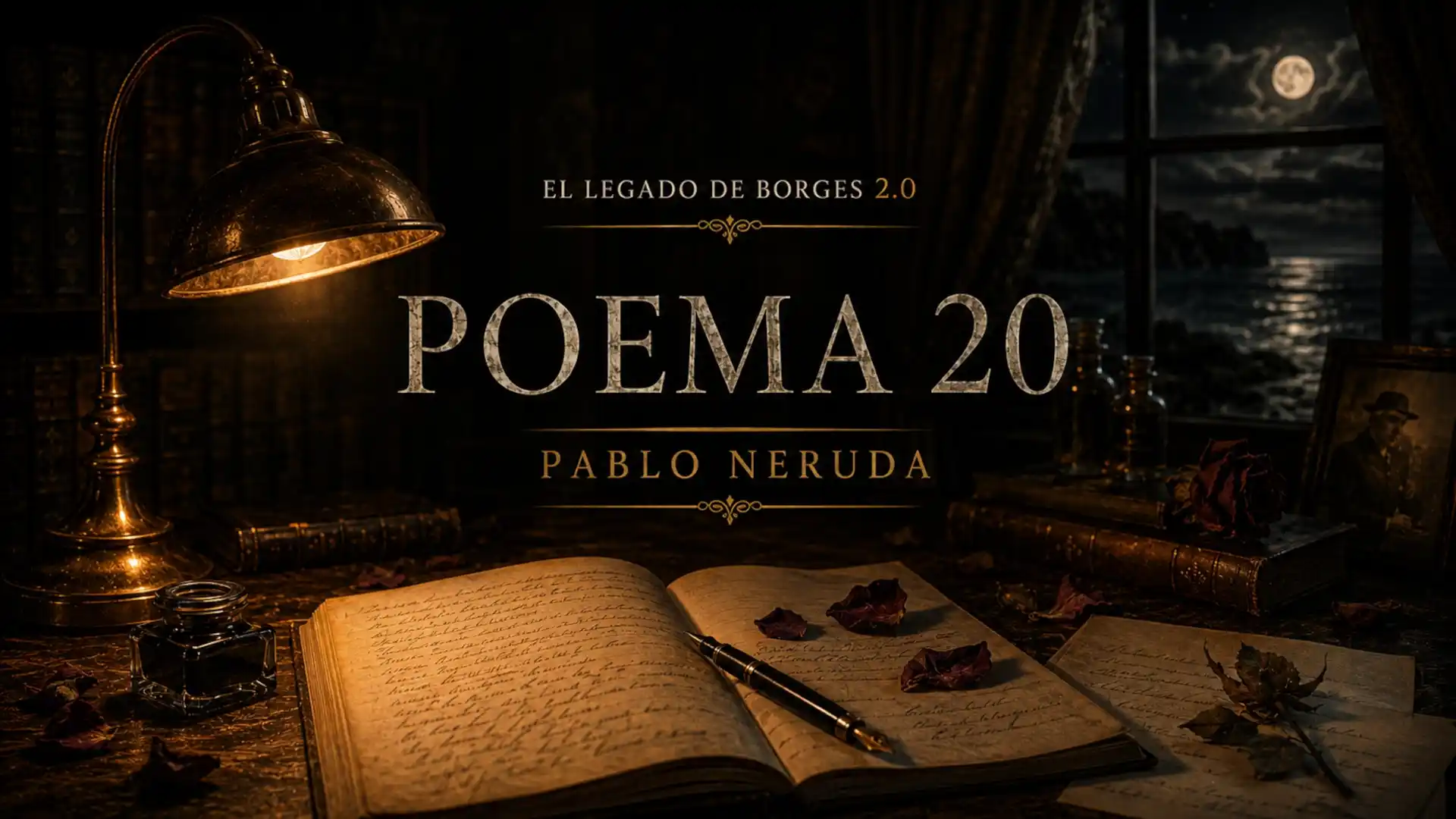 Imagen principal del episodio Poema 20, de Pablo Neruda, dentro de la serie literaria en audio El Legado de Borges 2.0. La composición muestra una biblioteca oscura, una lámpara antigua, un libro abierto, una pluma, hojas manuscritas, rosas secas y una ventana nocturna frente al mar, reforzando los temas de amor perdido, ausencia, memoria, noche, tristeza y despedida presentes en el poema.