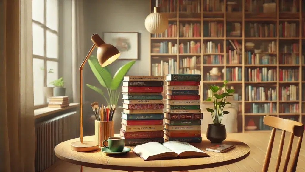 magen representativa de la categoría Recomendaciones Literarias, mostrando una pila de libros modernos y coloridos sobre una mesa junto a una taza de café, en un ambiente relajado