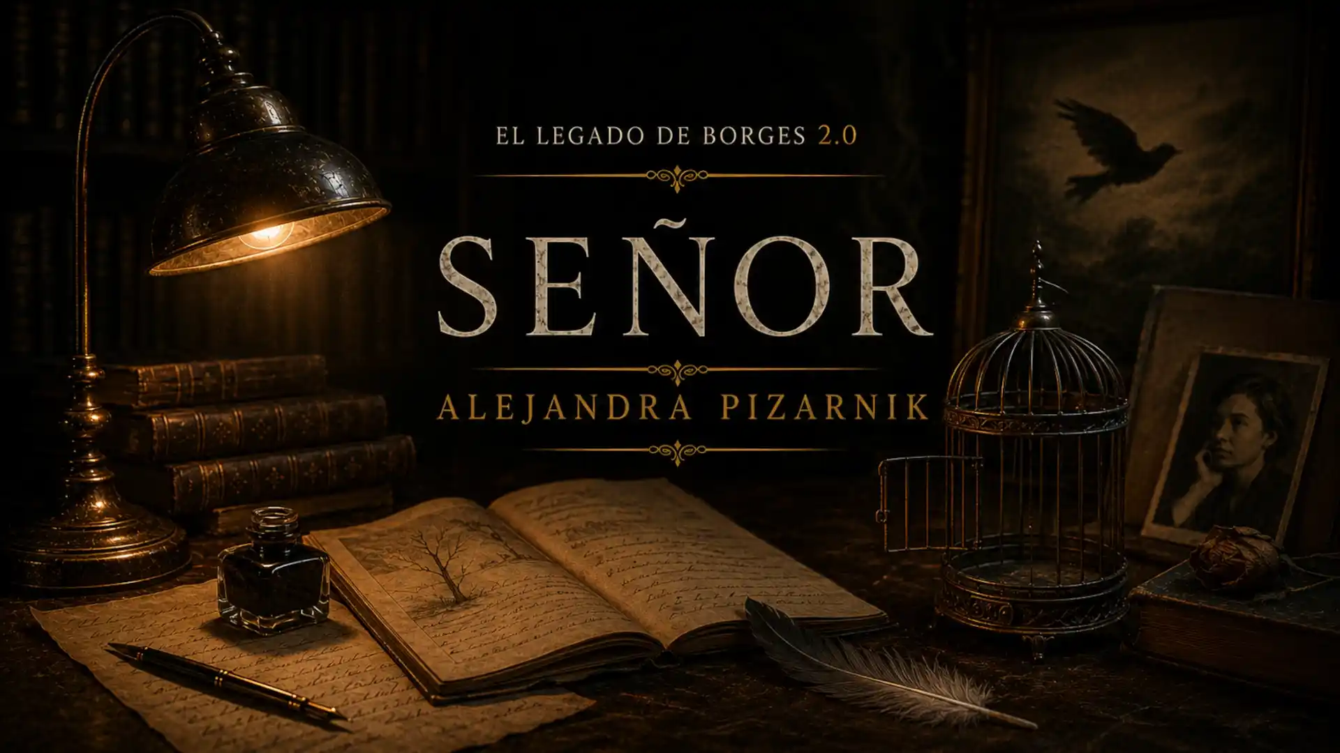 Portada del episodio Señor, de Alejandra Pizarnik, con una lámpara antigua, libros, manuscritos, una jaula abierta y una atmósfera poética oscura.