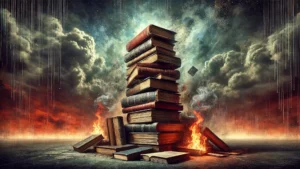 Una ilustración conceptual de libros antiguos apilados con efectos dramáticos de fuego y humo, representando la crítica literaria en "Tratado contra los libros".