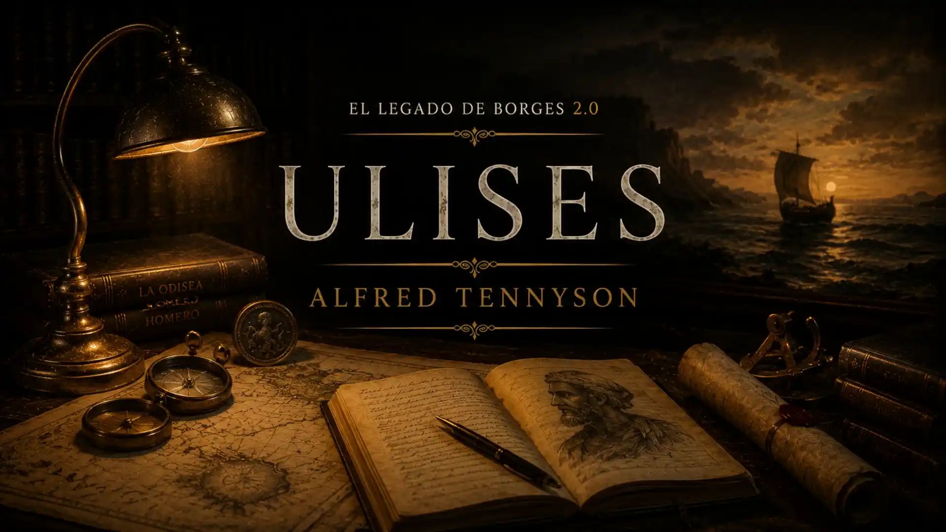 Portada del episodio Ulises, de Alfred Tennyson, con una lámpara antigua, libros, mapas náuticos, brújulas, un barco al atardecer y una atmósfera literaria oscura.