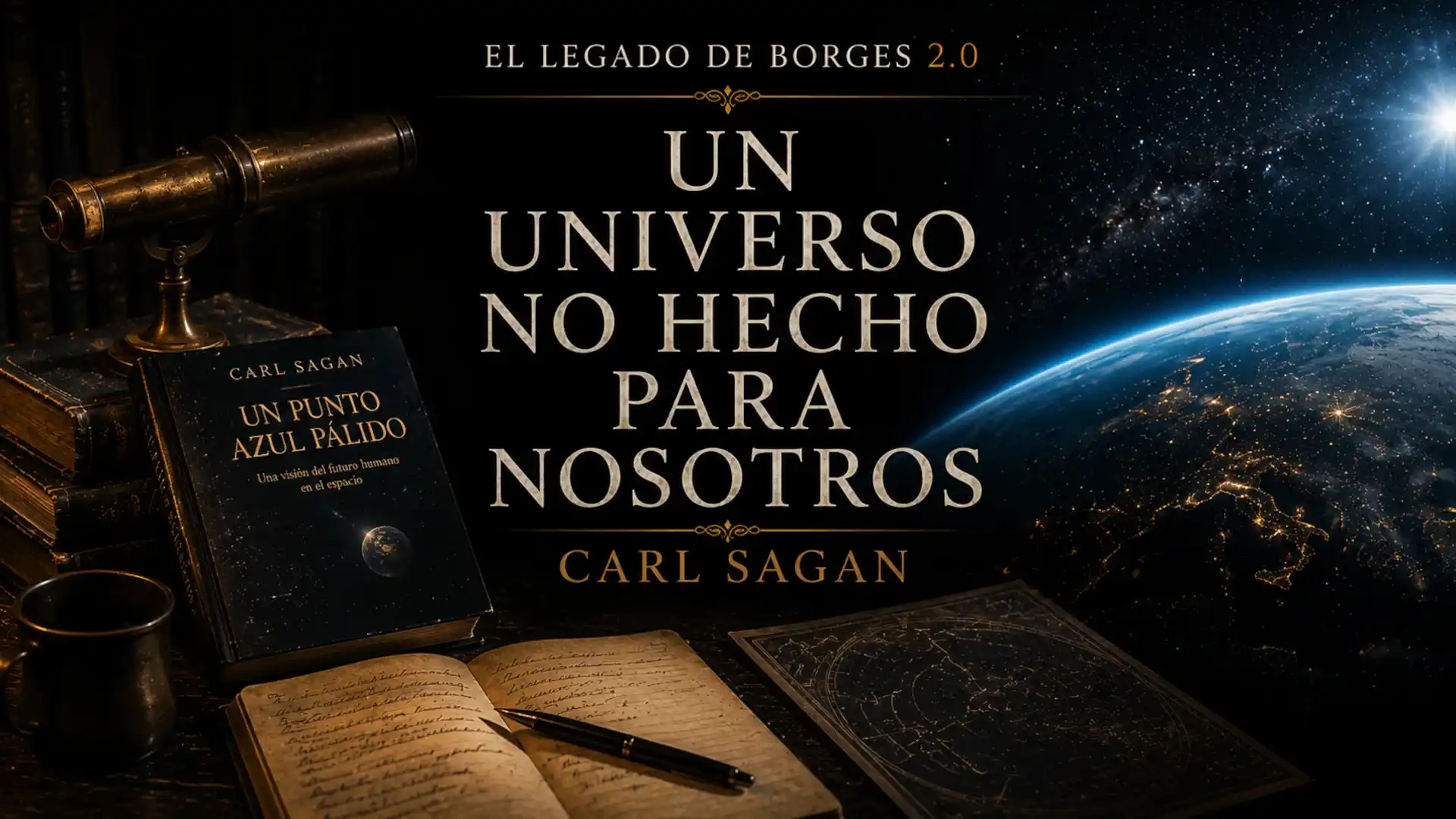 Portada del episodio Un universo no hecho para nosotros, de Carl Sagan, con la Tierra vista desde el espacio, un telescopio, libros y una biblioteca oscura.