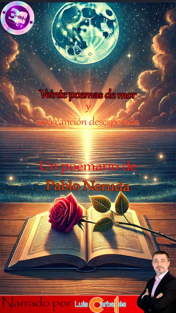 Portada vertical del audiopoemario 'Veinte poemas de amor y una canción desesperada', con un atardecer, una rosa y un libro abierto.