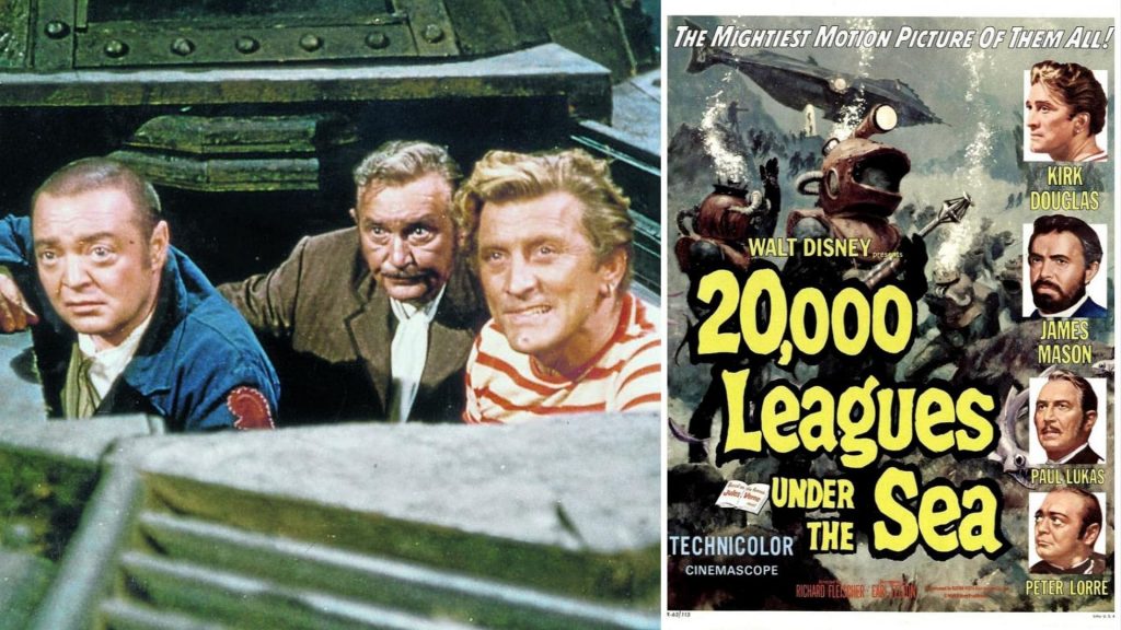Peter Lorre, Paul Lukas y Kirk Douglas en una escena de la película “Veinte mil leguas de viaje submarino” del año 1954, ganadora de dos premios Oscar ese mismo año. (Enlace a la película en Disney Plus)